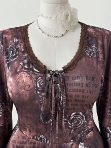 Sweetra Vestido casual de estilo universitario retro para mujer de talla grande, 2025 Nuevo, con cuello en V, abertura y lazo en el pecho, mangas acampanadas, silueta bohemia A-line estilo Y2K, vestido de moda vintage elegante para uso diario, escuela, citas, té de la tarde, vacaciones