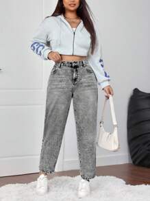 SHEIN ICON Plus Size Women Blue Casual Slim Tapered Cropped Jeans - Grey - View 3