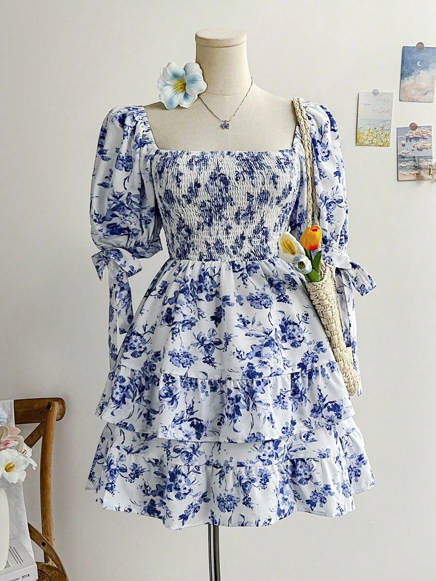 Soleia 女式度假風格方領花卉印花泡泡袖荷葉邊下擺連身裙