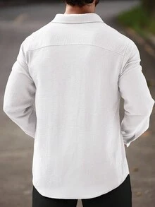 Manfinity CasualCool 男士白色休闲亚麻前扣长袖休闲衬衫，适合秋季