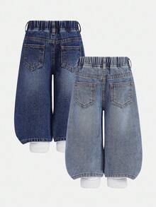 SHEIN 2件套女婴深蓝色和浅蓝色牛仔保暖宽松裤，适合秋冬季节穿着。 - 彩色 - 查看 3