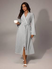 Lazeform Women's Striped Long Sleeve Casual Robe Sleepwear, Cozy Outfit, Fall & Winter - Light Grey - View 5