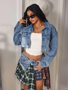 SHEIN Tall 高腰破洞磨边水洗牛仔夹克 - 中等水洗藍 - 查看 4