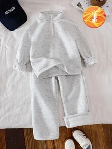 SHEIN Genkimix Kids 2 件年轻女孩针织运动衫，单面羊毛半拉链套头衫，休闲经典百搭浅灰色服装 - 淺灰色 - 查看 1