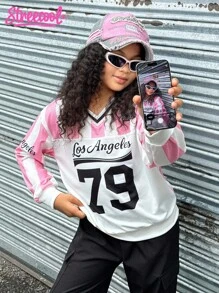 SHEIN Explorewe Streecool Tween Mädchen V-Ausschnitt rosa gestreifter Patchwork Langarm Sweatshirt mit Seitentasche und Cargohose 2-teiliges Set, modisch für Schule, Campusaktivitäten, Sport