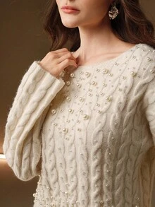Anewsta Women's Autumn High-End White Beaded Sweater, Loose Mid-Length Knitted Cable Knit Pullover Top, Suitable For Winter - Beige - View 3