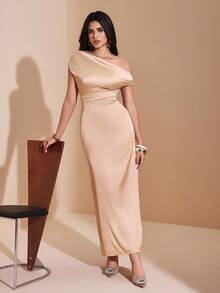 JIAN LASALA Vestido largo de satén de un solo hombro con drapeado en la cintura, vestido elegante de mujer para verano y otoño, vestido de noche, vestido de invitada de boda, colección de ropa de lujo y con estilo, vestido para fiesta de soltera, vestido de graduación - Camel - Ver 6