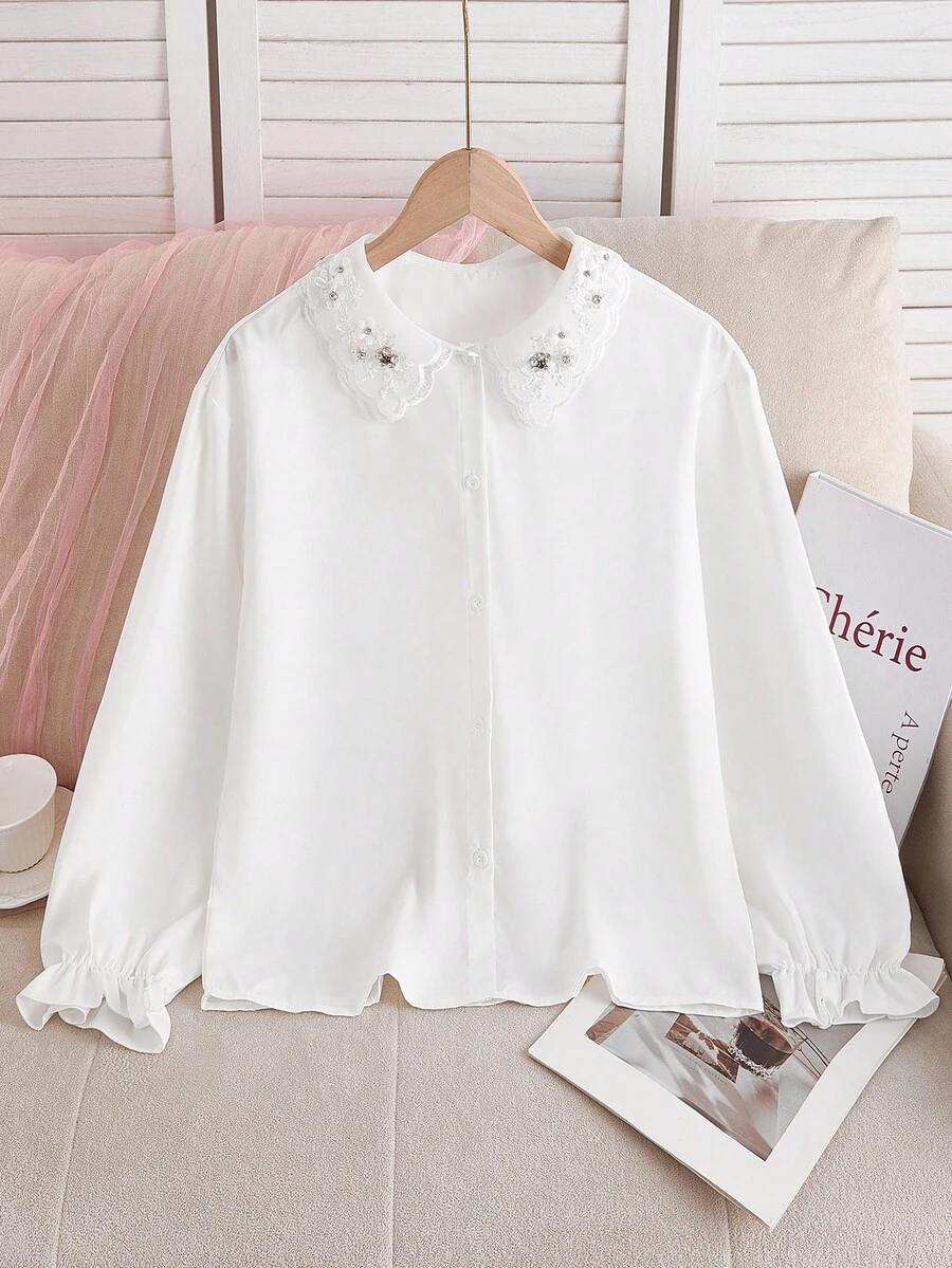 Blusa elegante per ragazze adolescenti con colletto decorato con strass e ricami