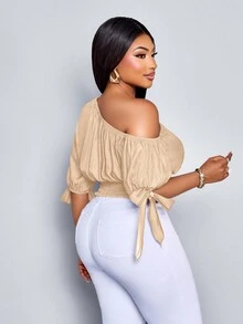 SOLERSUN Plus Size Spring And Summer New Asymmetrical Sleeve Bubble Sleeve Bow Tie Shoulder Pleat Elastic Waist Imitation Denim Fabric Top Elegant Business Casual Sexy Casual Everyday Fashion Women's Clothing Beige - Khaki - View 2