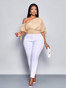 SOLERSUN Plus Size Spring And Summer New Asymmetrical Sleeve Bubble Sleeve Bow Tie Shoulder Pleat Elastic Waist Imitation Denim Fabric Top Elegant Business Casual Sexy Casual Everyday Fashion Women's Clothing Beige - Khaki - View 3