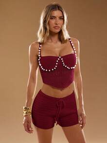 SHEIN BAE 2 Peças Conjunto de Top e Shorts Elegante com Decoração de Pérola Vazada, Verão no Outono/Inverno - Vinho - Visão 6