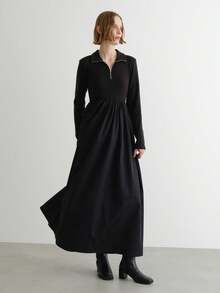 FRIFUL 女士黑色纯色翻领拉链腰部褶皱宽松休闲百搭长款连衣裙，秋冬女装 - 黑色 - 查看 1