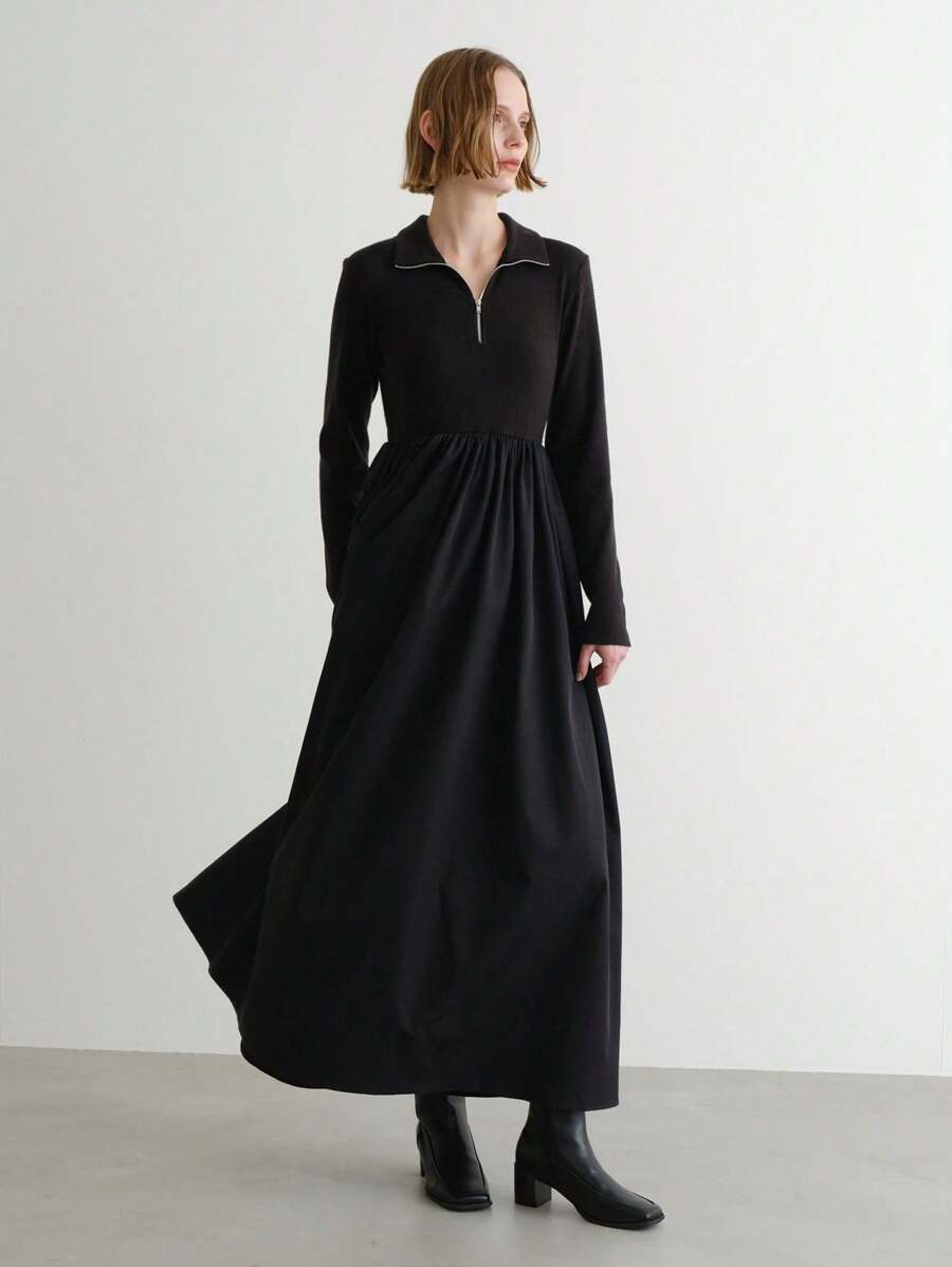 FRIFUL 女士黑色纯色翻领拉链腰部褶皱宽松休闲百搭长款连衣裙，秋冬女装 - 黑色 - 查看 1
