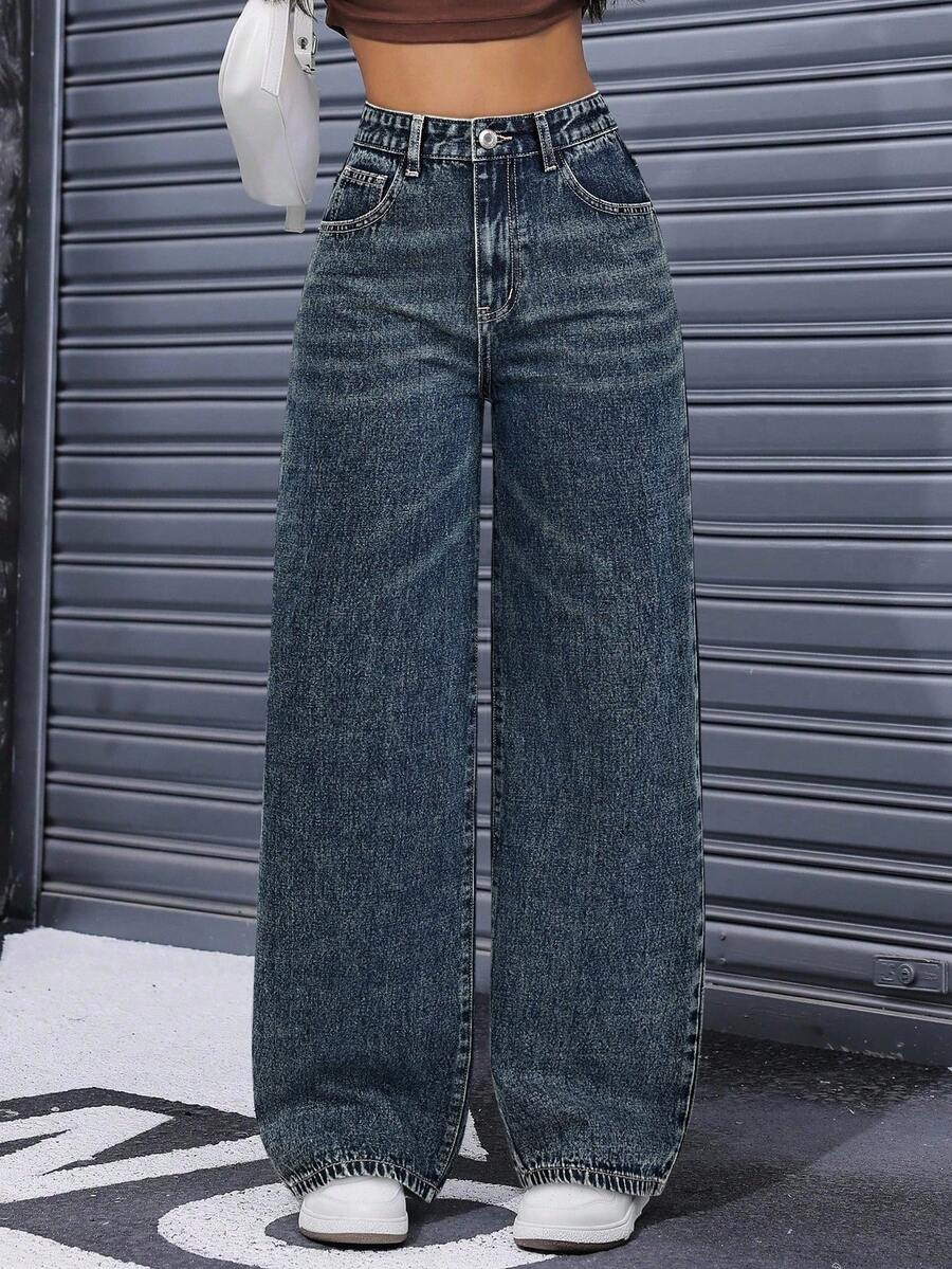 SHEIN ICON Women's High Waist Pocketed Wide Leg Loose Casual Versatile Denim Pants - Blue - View 1