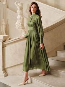 Savoree Unique Shiny Fabric Puff Sleeve Waist Patchwork Maxi High Waist Dress - Olive Green - View 6