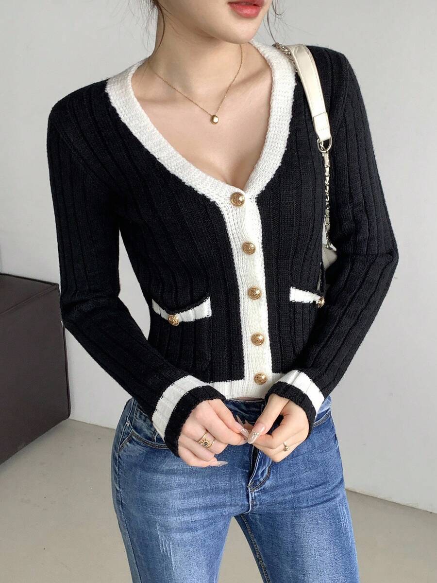 SHEIN LUNE Contrast Color Sexy Minimalist V-Neck Fitted Knit Cardigan, Spring/Autumn Fall Winter Cloth For Women - Black - View 1