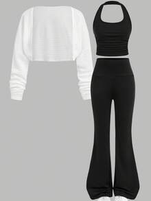 Girlism Bộ 3 món áo khoác cardigan dáng rộng màu trắng trơn, thiết kế thường ngày, cổ yếm xếp ly, eo đen cho bé gái, thích hợp mặc vào mùa xuân, thu, đông, mùa tựu trường, lễ hội, trang phục gia đình ngoài trời hàng ngày, thích hợp cho nhiều dịp khác nhau - Đen và trắng - Xem 15