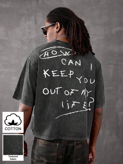 PAVTROS 年轻男士时尚，街头复古 T 恤，针织圆领，宽松剪裁，简约标语印花，做旧水洗风格，展现休闲街头风，适合日常休闲、街头服饰、文化活动、户外运动、校园服饰、节日礼物