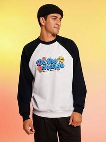 SpongeBob SquarePants | SHEIN 男士春秋休闲卡通字母图案撞色插肩袖套头衫 - 黑與白 - 查看 2