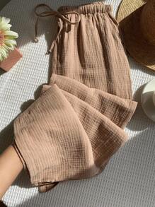 Comfortcana 女秋季针织100%纯棉泡泡格长裤，适合秋冬，秋冬女装，秋冬裤子搭配，秋冬百搭百搭，秋冬新款长裤 - 彩色 - 查看 1