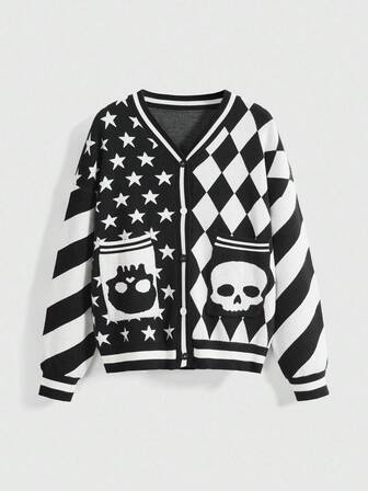 Fairycore Halloween Dunkel Punk Pentagramm & Karomuster Schädel Farbblock Strickjacke für Frauen