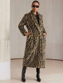 GENKIRA Luxuriöser Zebra-Muster Mantel mit tiefem V-Ausschnitt und Kunstfell, der elegante Retro-Moderne Ausstrahlung zeigt, geeignet für Abendpartys und andere Anlässe - Verschiedenfarbig - Übersicht 5