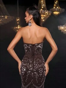 Glamrae 奢华优雅的巧克力棕色串珠刺绣几何领口链条装饰美人鱼下摆紧身连衣裙，配有可调节后系带，适合各种场合，女士秋季晚礼服 - 咖啡棕 - 查看 6