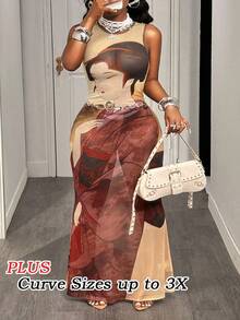 Slaydiva Vestido largo de verano casual y sexy de estilo retro chic para uso diario, fiesta y citas, con cuello redondo, sin mangas, estampado de ilustración de retrato japonés en malla, talla grande, vestido ajustado sirena ajustado