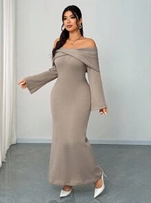 Elenzga Abito lungo in maglia a maniche a campana con design a nodo sulle spalle, colore unito, taglie comode, elegante e sexy per feste, uso quotidiano e casual, adatto per autunno/inverno - Cachi - Visualizzare 3