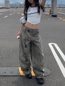 DAZY 女士豹纹宽松哈伦裤，休闲街头风牛仔裤 Y2k - 軍綠色 - 查看 4