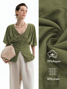 Aalyst 女士法式优雅奢华简约高端休闲度假通勤舒适宽松纯色亚麻V领收肩袖前中开衩衬衫，春夏秋 - 軍綠色 - 查看 3