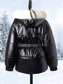 SHEIN Teen Girl Waist Cinched Padded Coat, Shiny Black Hooded Coat With Faux Fur Collar Fall Winter - Black - View 4