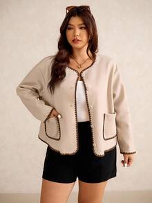 Elaquor Plus Size Women Floral Trim Round Neck Long Sleeve Single-Breasted Casual Jacket, Autumn Winter Fall Fall/Winter - Apricot - View 4