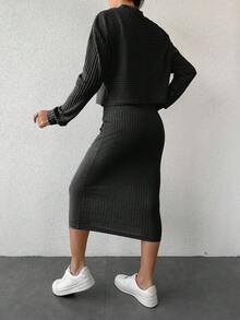 EURMUSE 2pcs Women Casual Ribbed Tank Dress & Pullover Top Set - Dark Grey - View 2