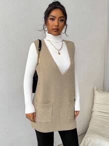 Rafferiza Women's Deep V-Neck Pocketed Solid Color Simple Comfortable Sweater Vest For Daily Casual Wear - Camel - View 5