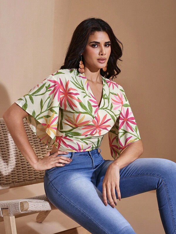 Miriam Omar Colorful Print Tie Front Cropped Blouse With Flared Sleeves Women Summer Vacation Casual