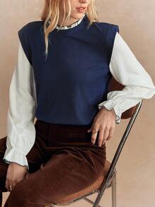 Écloséra 新款秋季复古返校节荷叶边二合一拼接百搭宽松女士上衣女装外出上衣秋季 - 彩色 - 查看 3