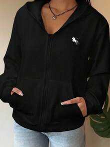 SHEIN EZwear Sudadera con capucha negra versátil y casual para mujer de talla grande