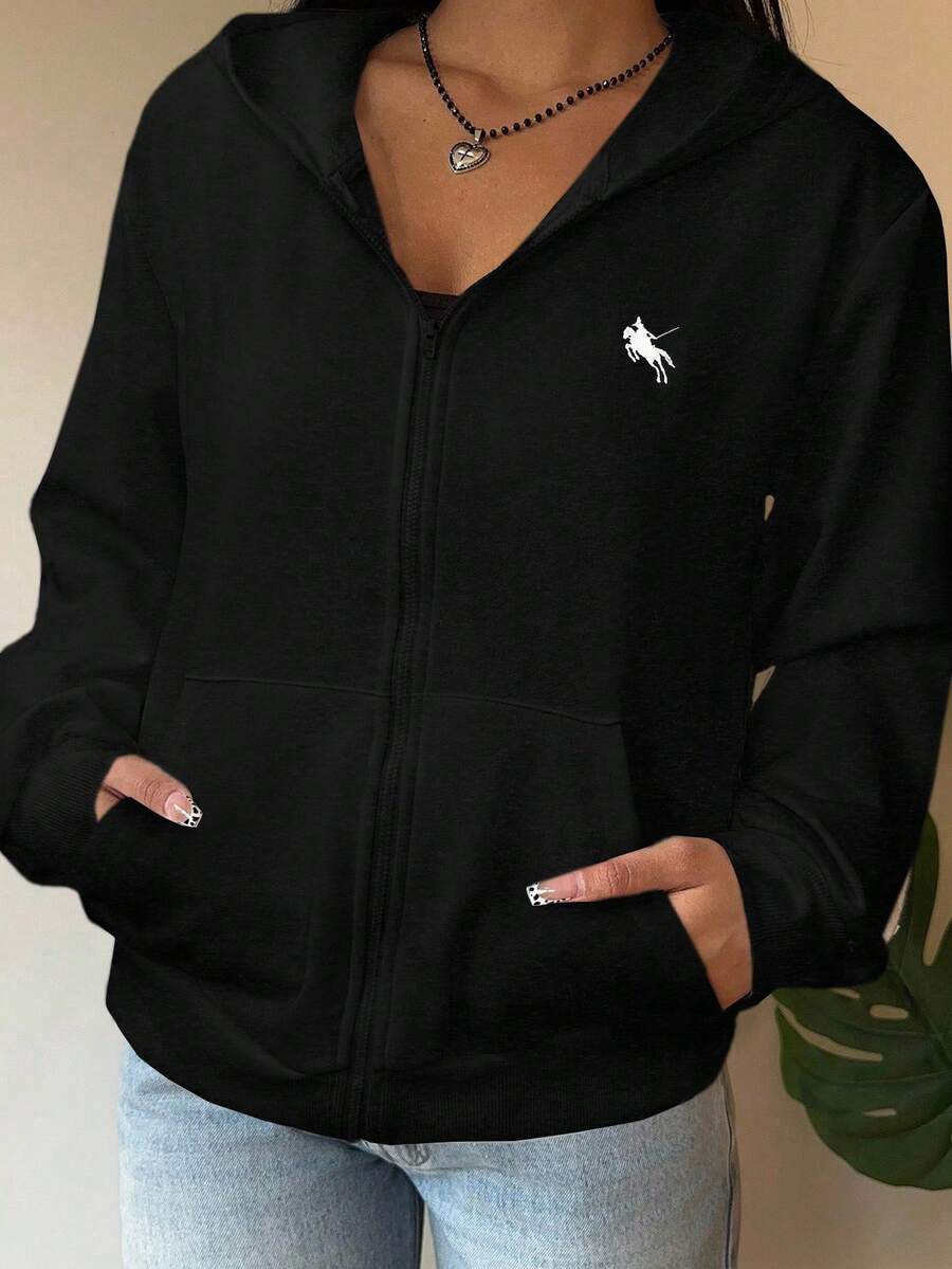 SHEIN EZwear Sudadera con capucha negra versátil y casual para mujer de talla grande