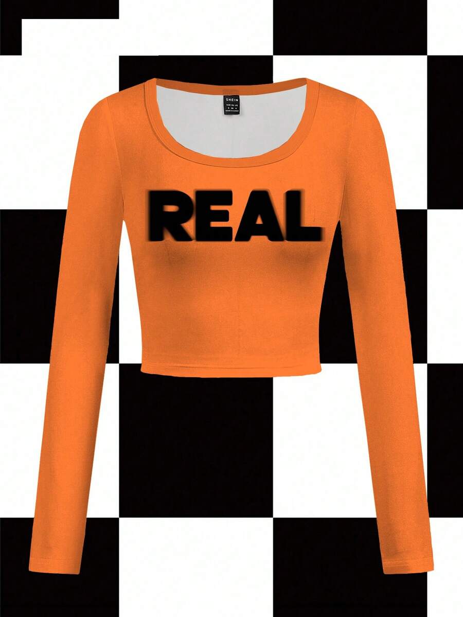 Pretty Bratty Women's Blurry Letter Halloween Round Neck Long Sleeve T-Shirt, Suitable For Autumn/Winter Party, Y2K Streetwear - Orange - View 1