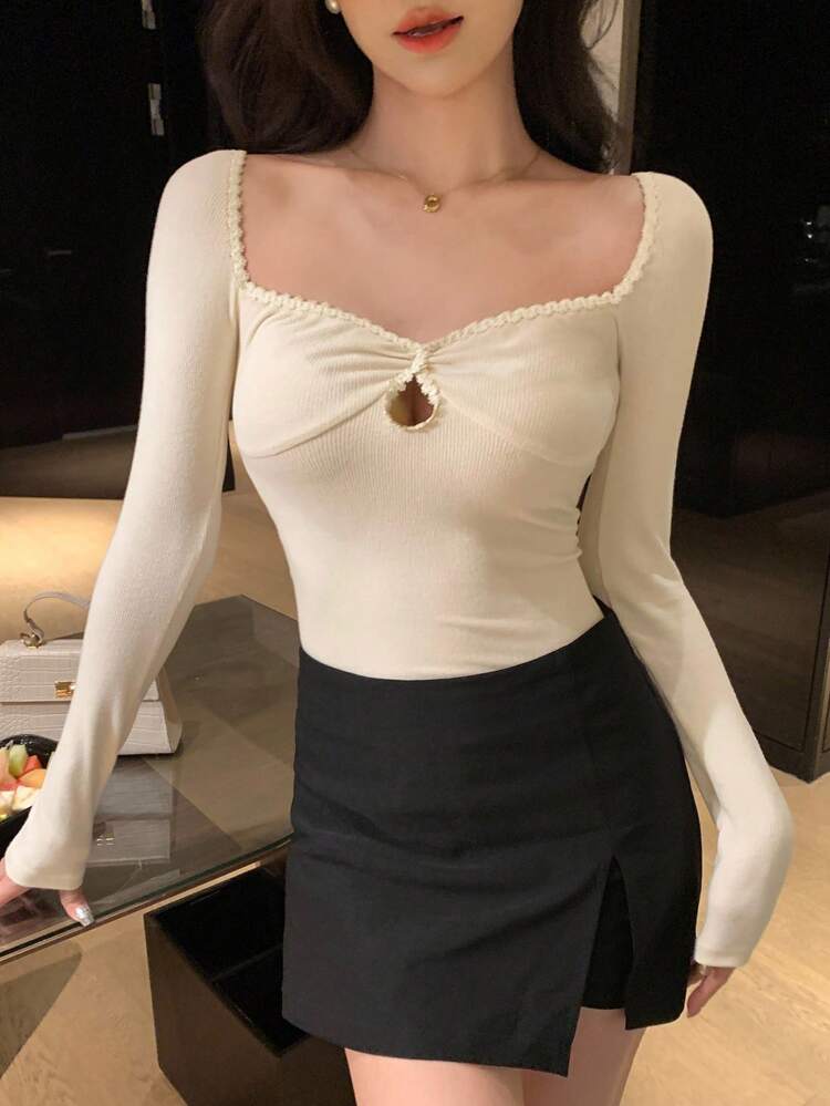 Women's Square Neck Ribbon Patchwork Hollow Out Decor Fitted Base Layer Sexy Casual Long Sleeve T-Shirt