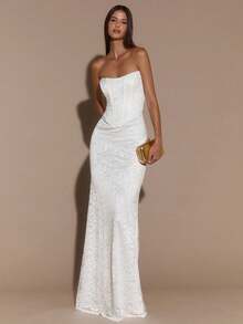 SHEIN BAE 白色优雅蕾丝边修身连衣裙，正式场合长裙，伴娘服，生日派对礼服