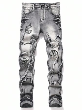 Manfinity Roughcore Men's Front Button Pocket Frayed Hem Print Casual Denim Jeans, Frayed Jeans Plain Slim Fit Long Light Grey Acid Wash Cargo Jeans, For Husband, Boyfriend Gifts Going Out Hang Out Disco College Street