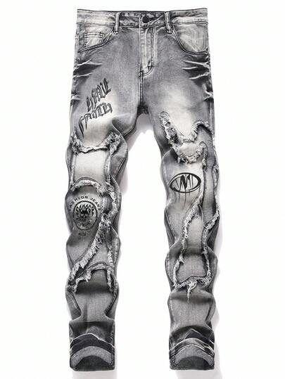 Manfinity Roughcore Jeans casual masculino com bolso frontal e bainha desfiada, jeans desfiado, liso, slim fit, longo, cinza claro, lavagem ácida, para marido, presentes para namorado