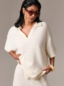 AiiRZ 罗纹针织 Polo 领两件套家居服套装阔腿裤冬秋季休闲套装舒适优雅家居休闲服 - 杏色 - 查看 3