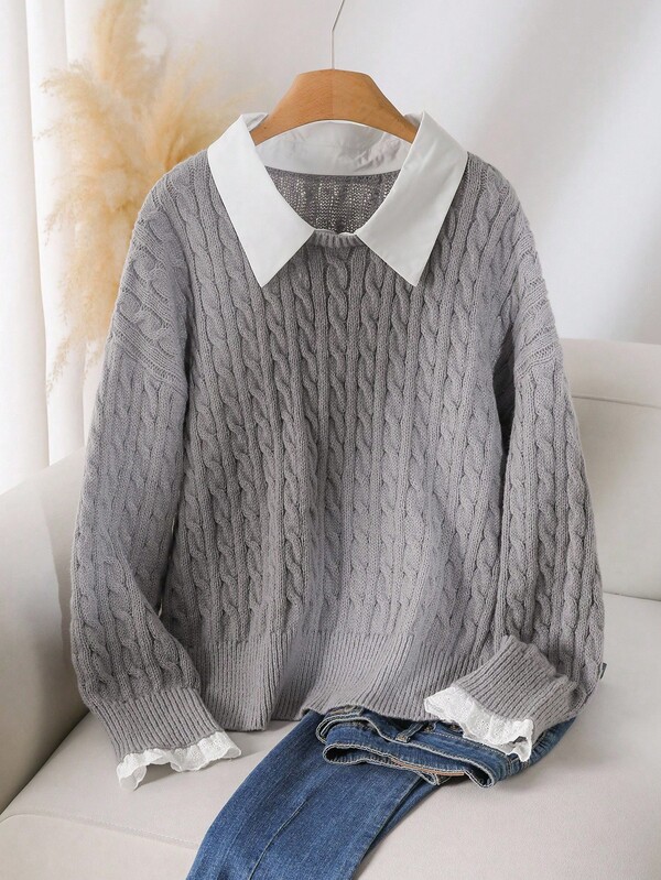 CosyJoli Suéter de punto gris con retorcido para mujer de talla grande, suéter con cuello para mujer, suéter gris, suéter de punto trenzado, suéter con cuello, suéter lindo para otoño/invierno