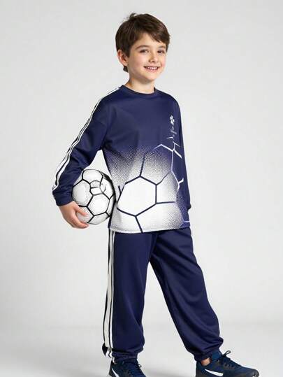 JNSQ Tween Boy Clothes, Boys Outfit Sets, Children's Autumn/Winter Sportswear, Boys Autumn Sports Long Sleeve Set, Loose Round Neck Funny Ball Print Long Sleeve T-Shirt Top Paired With Loose Pants 2-Piece Sportswear Set, Suitable For Autumn, Winter Daily Wear, Outdoor Activities, Vacation, Streetwear, Party And Leisure