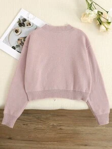 SHEIN Tween 女童可爱休闲拼色白色蝴蝶圆领长袖短款毛衣上衣，适合春季、秋季、冬季、清纯女孩风格、中国新年、情人节 - 粉色 - 查看 2