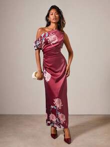 COSMINA 女士优雅印花斜肩长裙 - 酒紅色 - 查看 4