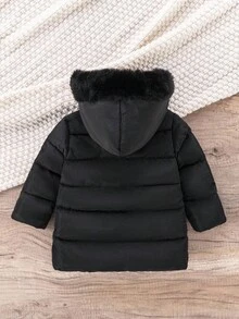 SHEIN 男童加厚羽绒服，带帽毛领，保暖冬季外套，休闲户外秋季款 - 黑色 - 查看 2